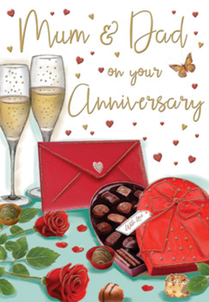 Illustrated anniversary card capturing a romantic tableau of roses, champagne, and chocolates, as if staged for a special evening in Dulwich. In the foreground, two vivid red roses lie gently across the table surface, depicted with soft, velvety petals that curl outward in full, open blooms. The petals are shaded from deep ruby at the centre to lighter scarlet at the edges, suggesting the texture and richness you'd expect from a carefully curated bouquet from Dulwich Flowers. Surrounding the roses, glossy green leaves provide contrast and balance, their veins and edges carefully defined to evoke fresh foliage. Nestled closely to the flowers is an open heart-shaped box of chocolates, its curved outline highlighted by warm tones and topped with a dramatic red bow. The satin-like ribbon loops over the lid in full curves, and inside the box, individual chocolates lie in neat rows, their rounded forms shaded to imply smooth, indulgent coatings and creamy fillings. Behind this tempting arrangement, two tall champagne flutes stand together, their clear glass catching soft reflections as they hold sparkling golden champagne. Slender trails of bubbles rise within each glass, freezing the instant before Mum and Dad raise a toast. Tiny hearts in shades of crimson and gold drift across the background like scattered confetti, lending a sense of celebration and gently framing the central display. A rich red envelope rests nearby, its crisp edges and closed flap hinting at a handwritten anniversary note brimming with appreciation. Bathed in a warm, gentle glow, this card design conjures the atmosphere of a cosy Dulwich home after flowers and gifts have arrived, beautifully encapsulating the indulgence, warmth, and enduring devotion of a long marriage.