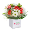Joyful and uplifting, this Dulwich bouquet gathers the freshness of spring into a single, thoughtfully arranged display. White daisies beam beside plump, ruffled coral and deep red carnations, their petals layered like a local artist's palette. Wisps of baby's breath float gently throughout, giving an innocent, airy feeling-perfect for celebrating new beginnings or a burst of spontaneous happiness. A few unopened purple-tinted buds quietly rest among the flowers on the left, hinting at hidden surprises, while shiny green foliage cradles the entire arrangement in a welcoming embrace. All is presented in a modern square white gift bag, the handles sturdy and inviting-a bouquet ready for easy delivery around Dulwich, from the galleries to leafy residential lanes. Bathed in soft, natural light and set against a pure white backdrop, the composition radiates sincerity and grace. This arrangement shines on special occasions-birthdays, housewarmings, thoughtful gestures-bringing a touch of Dulwich's gentle charm and expert local floristry into the recipient's home.
