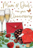 Warm, romantic anniversary card illustration that brings together roses, champagne, and chocolates in a scene that feels like a cherished evening in Dulwich. In the lower part of the design, two sumptuous red roses lie on a smooth surface, their petals layered and velvety, painted in deep ruby and crimson tones that seem to catch the glow of soft indoor light. The blooms are edged by lush green leaves, finely detailed to suggest freshly cut stems, much like those chosen by a local florist along Dulwich's tree-lined streets. Beside the flowers, an open heart-shaped box of chocolates draws the eye, its curved edges and warm shading giving it a sense of depth. A bold red bow is tied around the box, its satin-like loops and trailing ribbon suggesting the pleasurable ritual of unwrapping a special gift. Inside, a selection of chocolates is neatly arranged, each piece shaded to indicate a glossy finish and smooth, indulgent centres meant to be shared. Just behind this foreground, two slender champagne flutes stand close together, filled with sparkling golden champagne whose tiny bubbles rise upward in delicate streams, as though captured at the exact moment before a toast. Scattered across the background, tiny hearts in crimson and gold float and dance, framing elegant lettering that likely carries anniversary wishes for Mum and Dad. A vivid red envelope lies nearby, its flap closed, hinting at a handwritten message of love and gratitude. The entire composition is suffused with a gentle, golden warmth, evoking the feeling of a quiet Dulwich celebration where flowers, sweet treats, and shared memories come together around the family table.